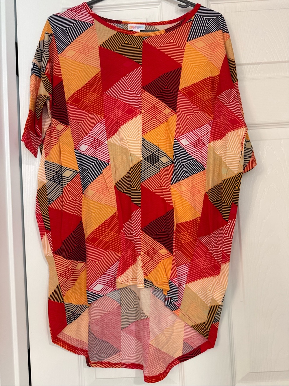 LuLaRoe Irma Women's Short Sleeve Geometric Tee in Red, Orange, Yellow, Cream